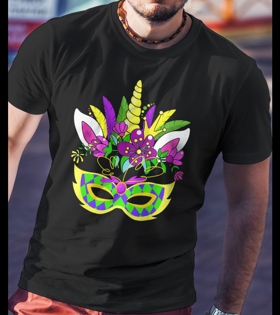 Mardi Gras Unicorn Mask Flowered Headdress T-Shirt