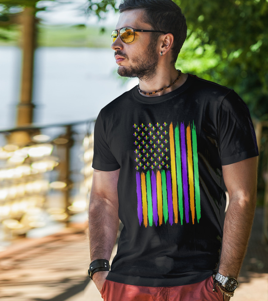 American Flag Fleur De Lis USA Flag Mardi Gras Colors T-Shirt