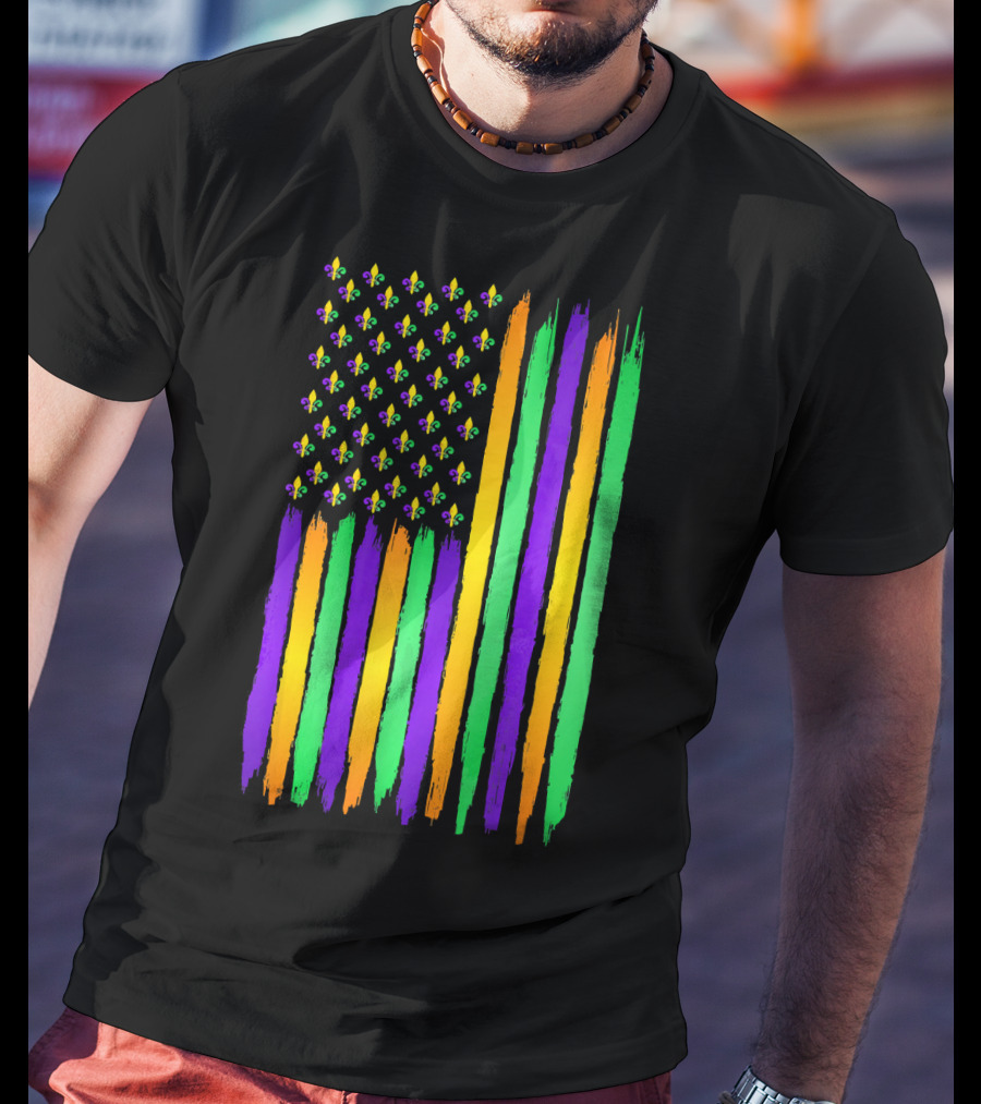 American Flag Fleur De Lis USA Flag Mardi Gras Colors T-Shirt