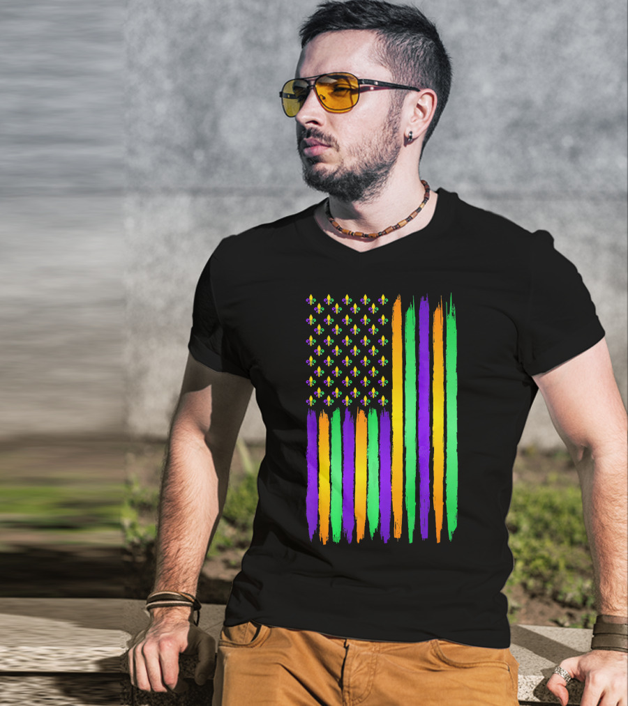 American Flag Fleur De Lis USA Flag Mardi Gras Colors T-Shirt