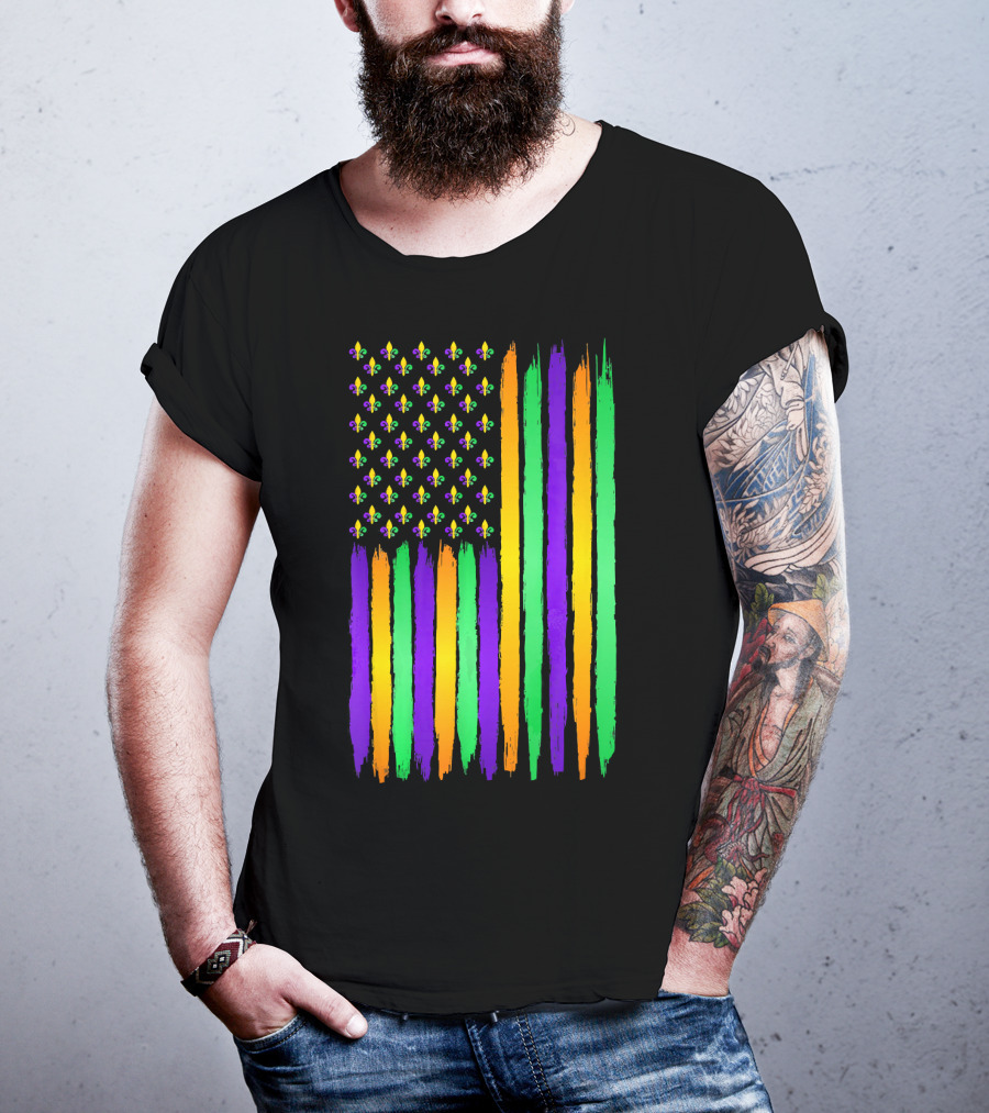 American Flag Fleur De Lis USA Flag Mardi Gras Colors T-Shirt