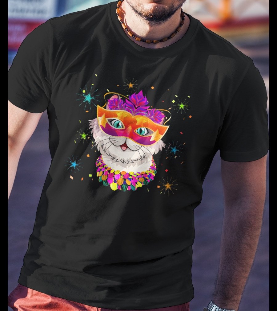 Mardi Gras Cat With Festive Mask And Beads For Cat Lovers T-Shirt