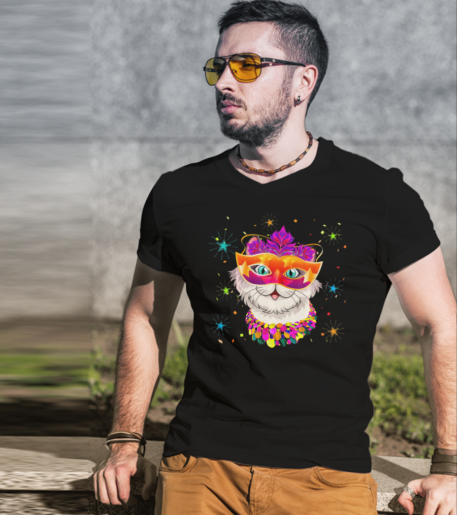 Mardi Gras Cat With Festive Mask And Beads For Cat Lovers T-Shirt