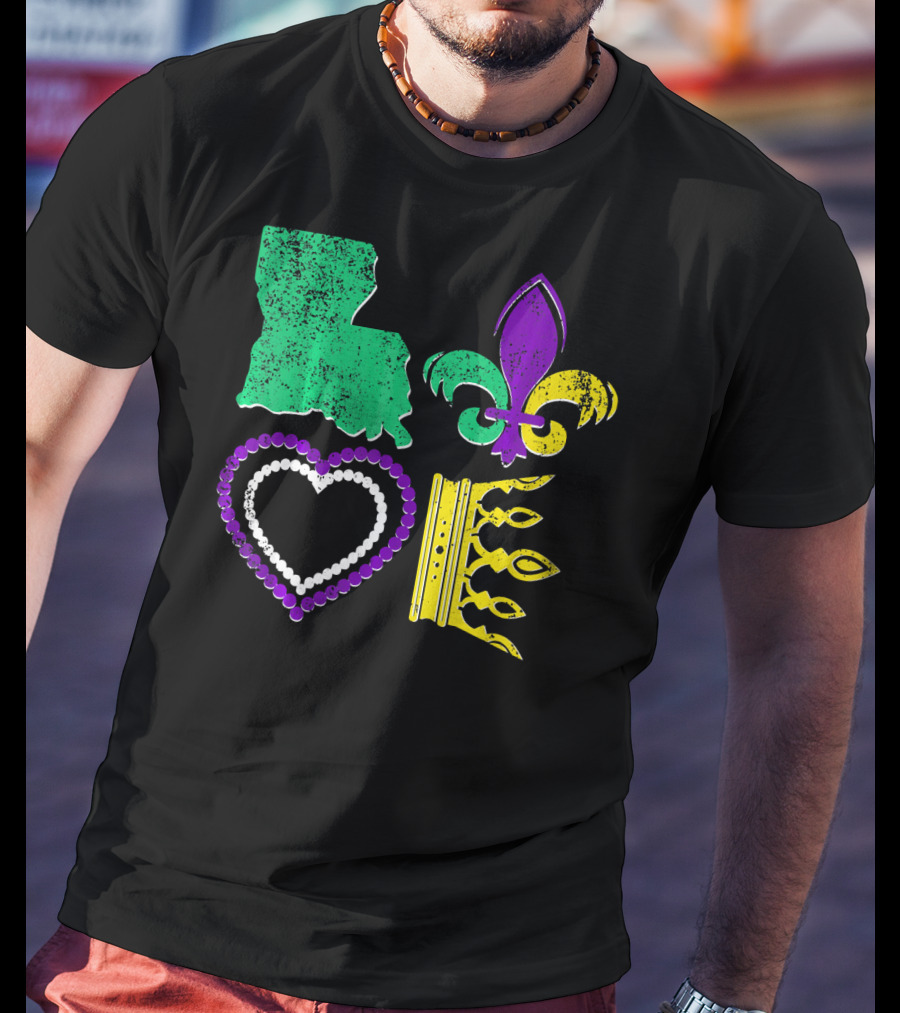 Louisiana Love Mardi Gras Fleur-de-Lis Beads Crown T-Shirt