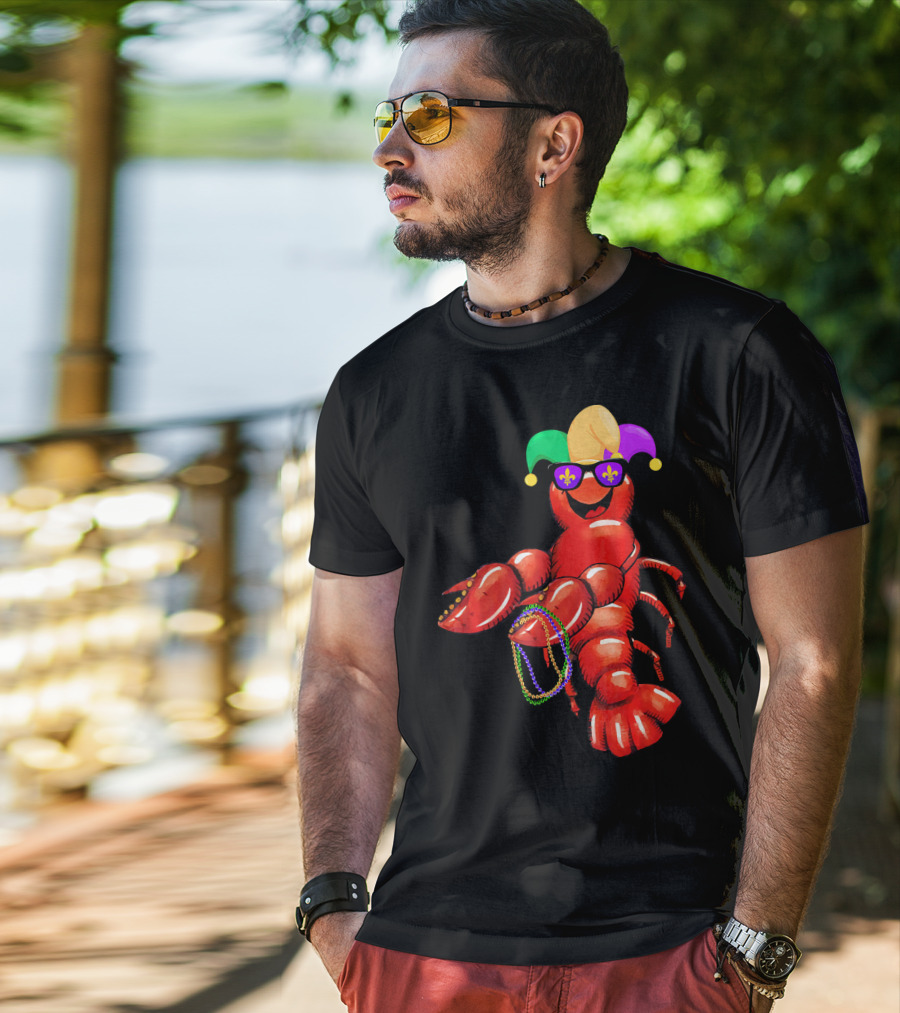 Flossing Mardi Gras Bead Jester Hat Crawfish With Sunglasses T-Shirt