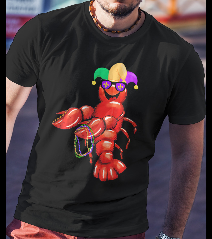 Flossing Mardi Gras Bead Jester Hat Crawfish With Sunglasses T-Shirt