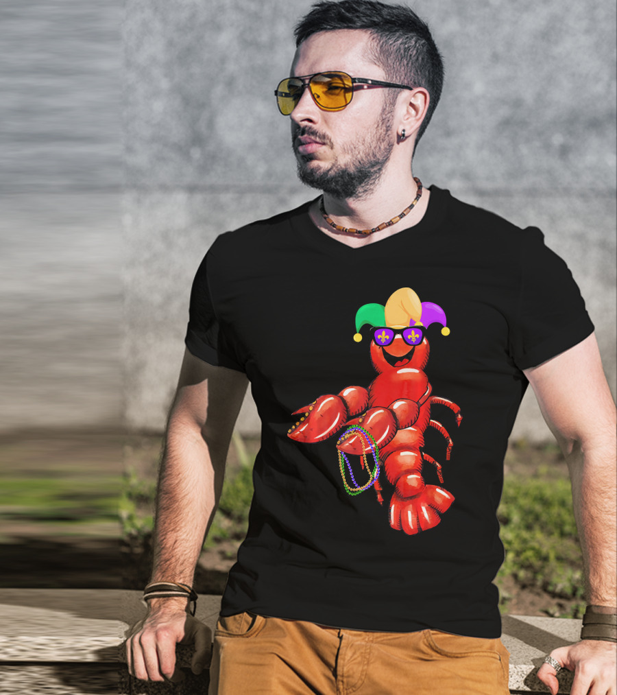 Flossing Mardi Gras Bead Jester Hat Crawfish With Sunglasses T-Shirt