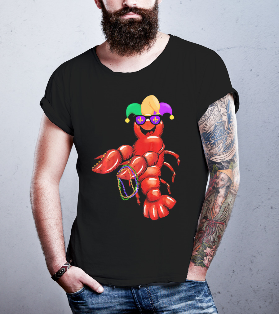Flossing Mardi Gras Bead Jester Hat Crawfish With Sunglasses T-Shirt