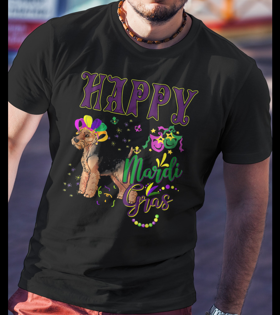 Happy Mardi Gras Welsh Terrier Masquerade Beads And Stars T-Shirt