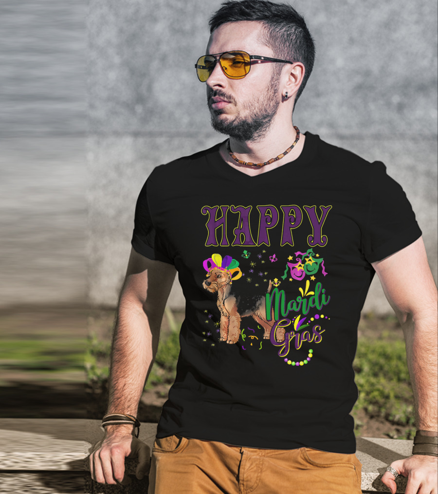 Happy Mardi Gras Welsh Terrier Masquerade Beads And Stars T-Shirt