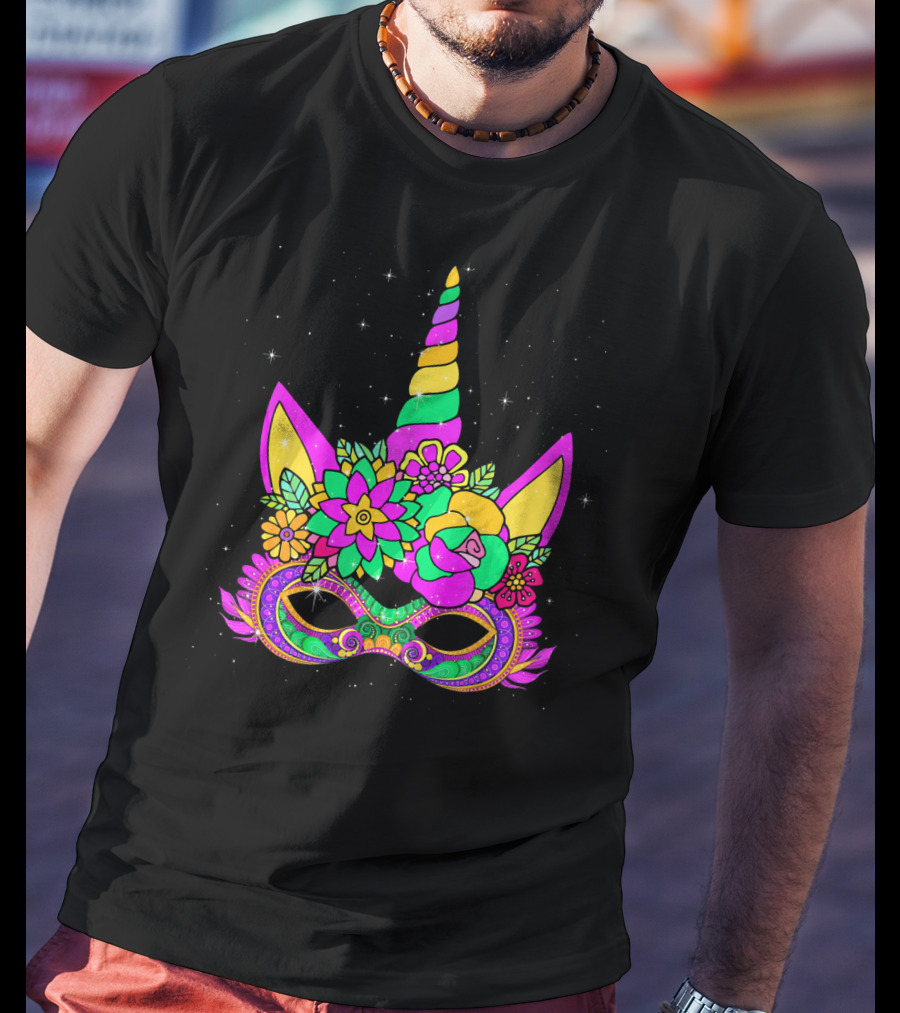 Mardi Gras Unicorn Floral Mask With Colorful Decorations T-Shirt