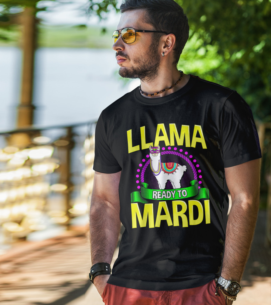 Llama Ready To Mardi Funny Llama Lover Festive Mask Beads Parade T-Shirt