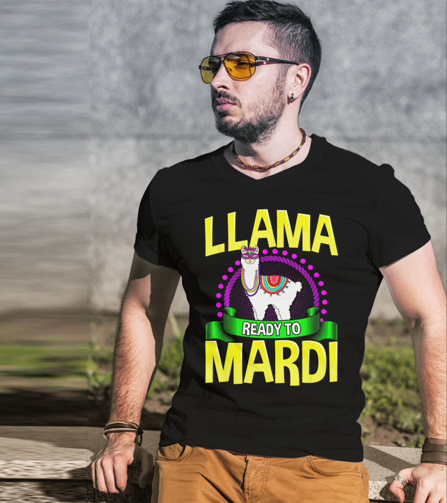 Llama Ready To Mardi Funny Llama Lover Festive Mask Beads Parade T-Shirt
