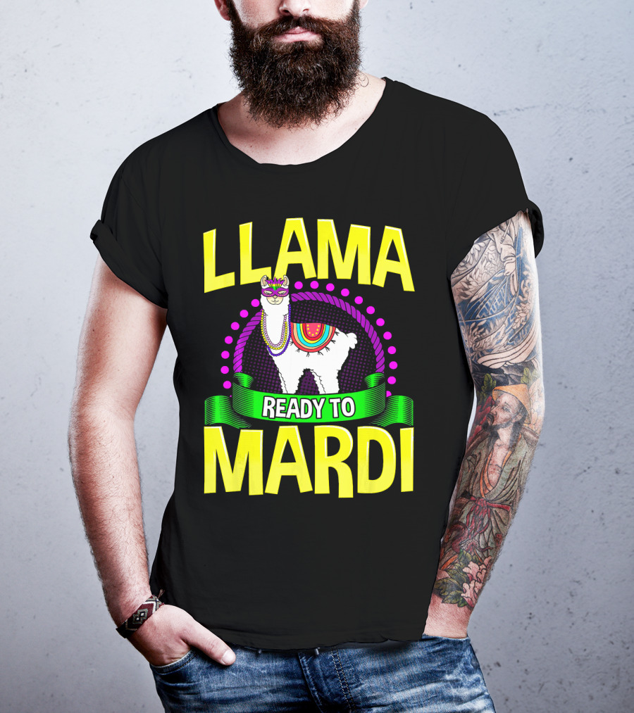 Llama Ready To Mardi Funny Llama Lover Festive Mask Beads Parade T-Shirt