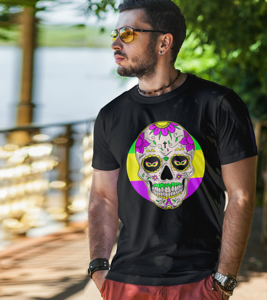 Mardi Gras Sugar Skull With Jester Hat And Mask Elements T-Shirt
