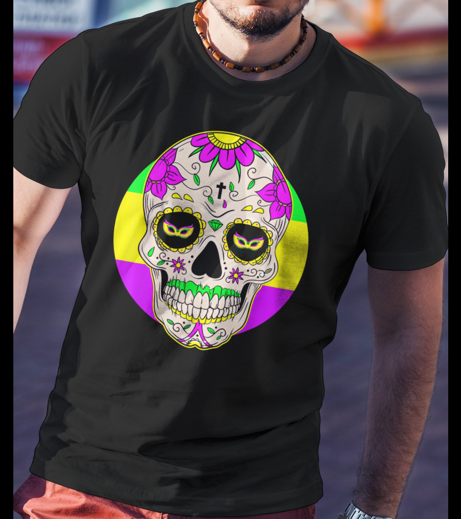 Mardi Gras Sugar Skull With Jester Hat And Mask Elements T-Shirt