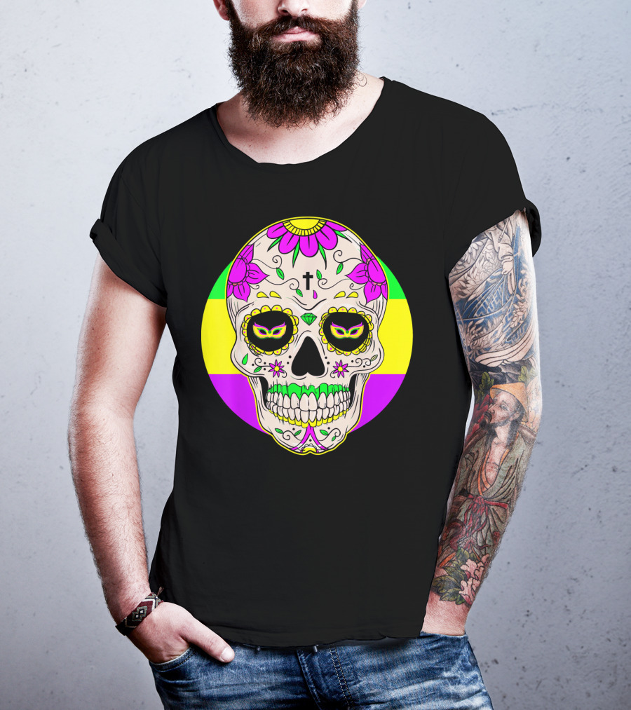 Mardi Gras Sugar Skull With Jester Hat And Mask Elements T-Shirt