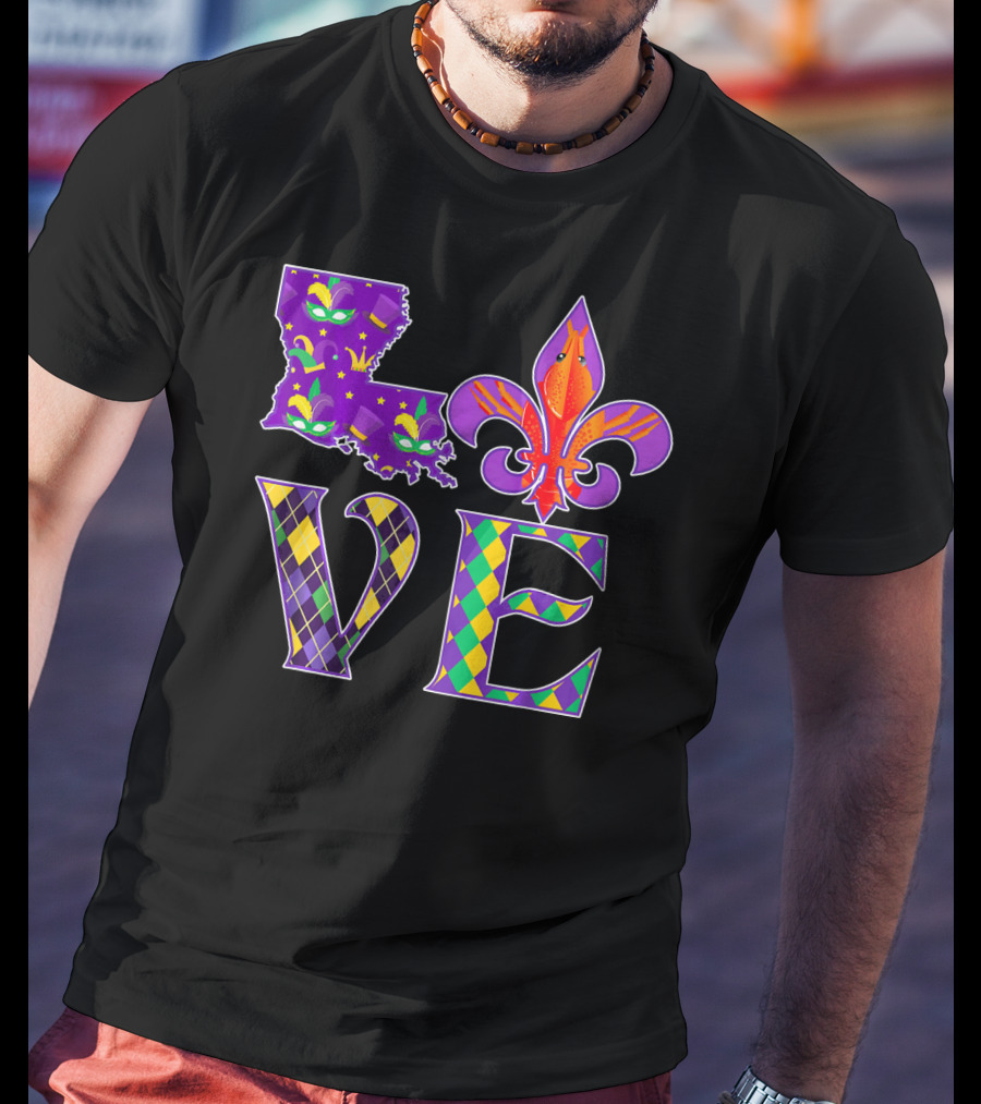 Louisiana Mardi Gras Love Fleur DE Lis Crawfish T-Shirt