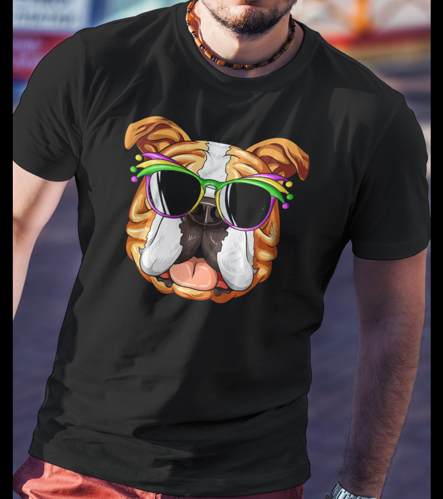 English Bulldog Wearing Colorful Mardi Gras Carnival Mask Glasses T-Shirt