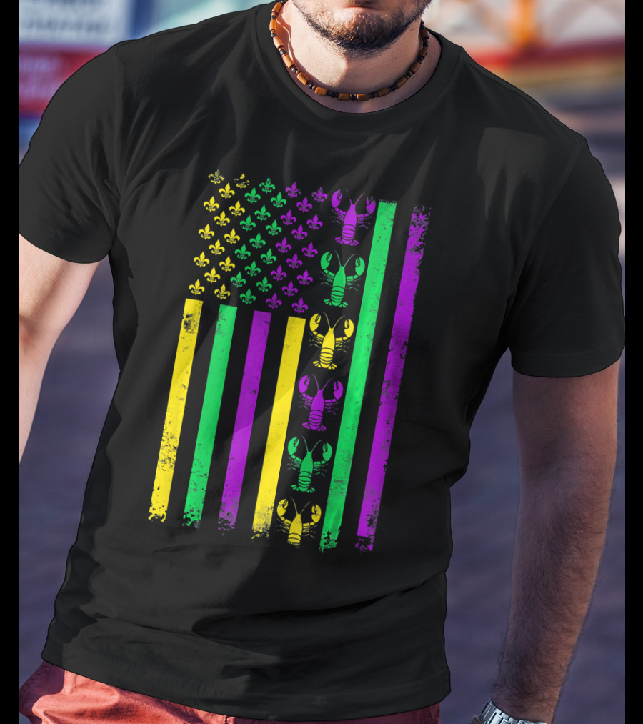 American Flag Mardi Gras Crawfish Fleur-de-Lis T-Shirt