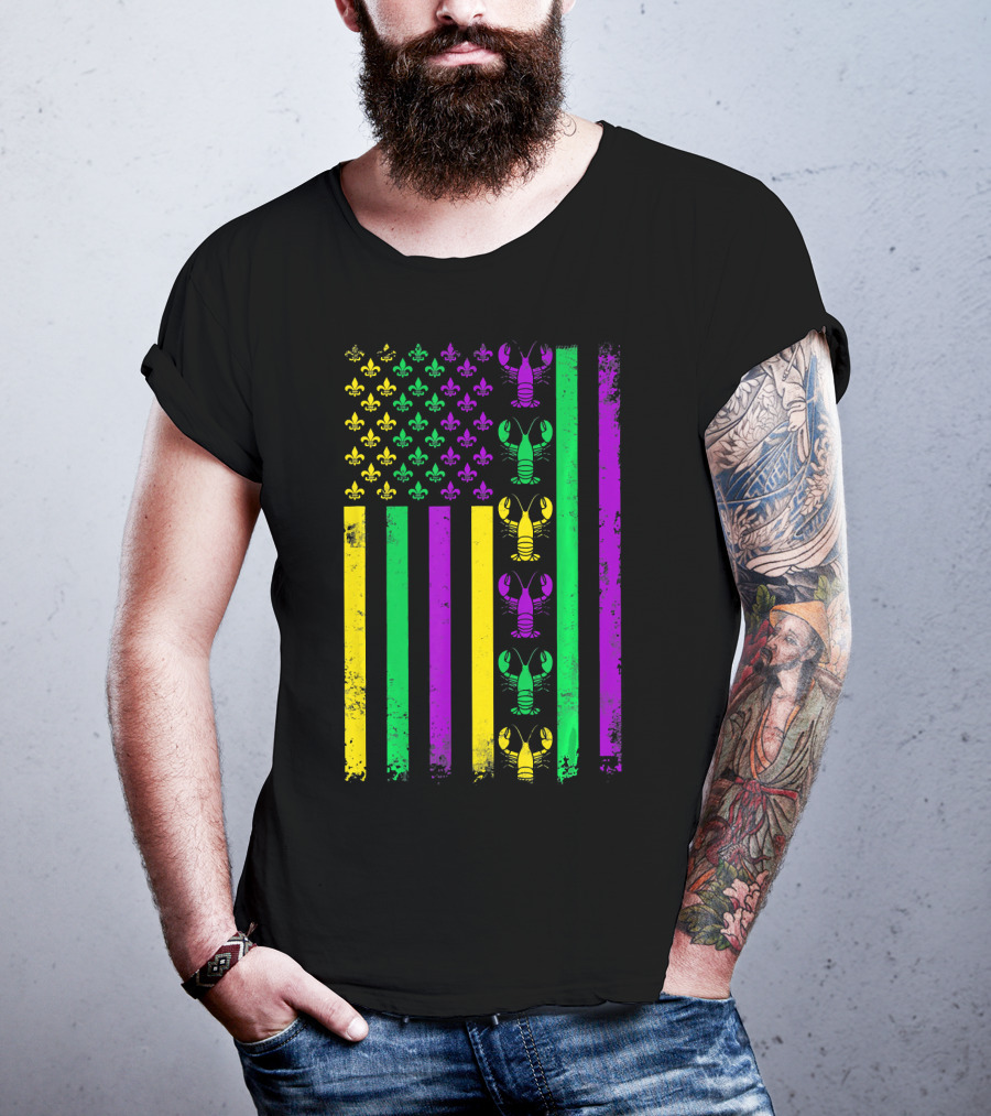 American Flag Mardi Gras Crawfish Fleur-de-Lis T-Shirt