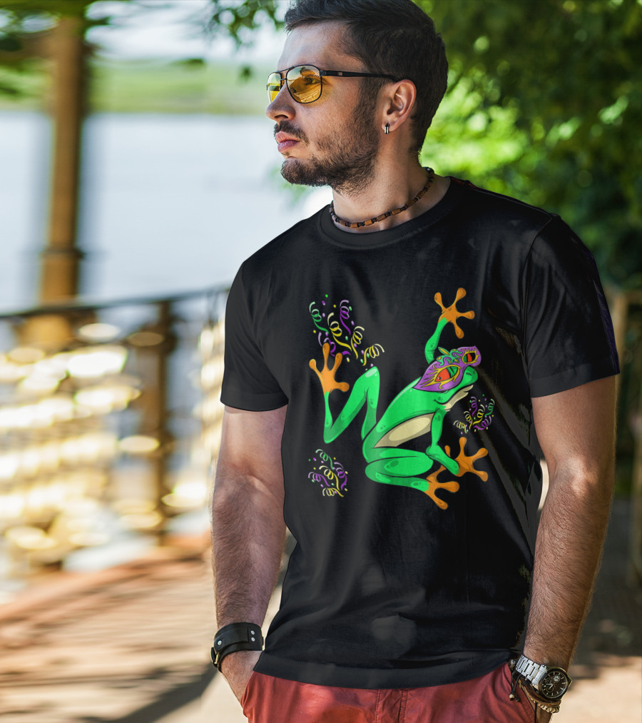 Frog In Mardi Gras Mask With Party Streamers T-Shirt