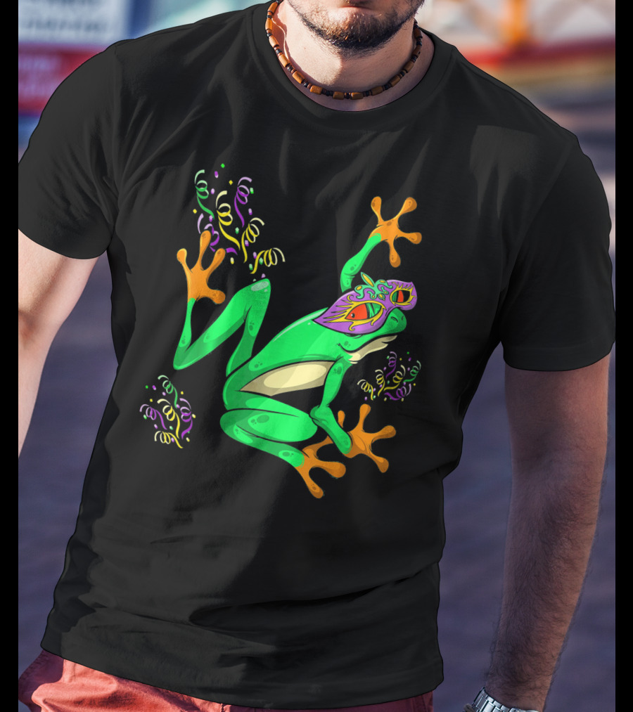 Frog In Mardi Gras Mask With Party Streamers T-Shirt