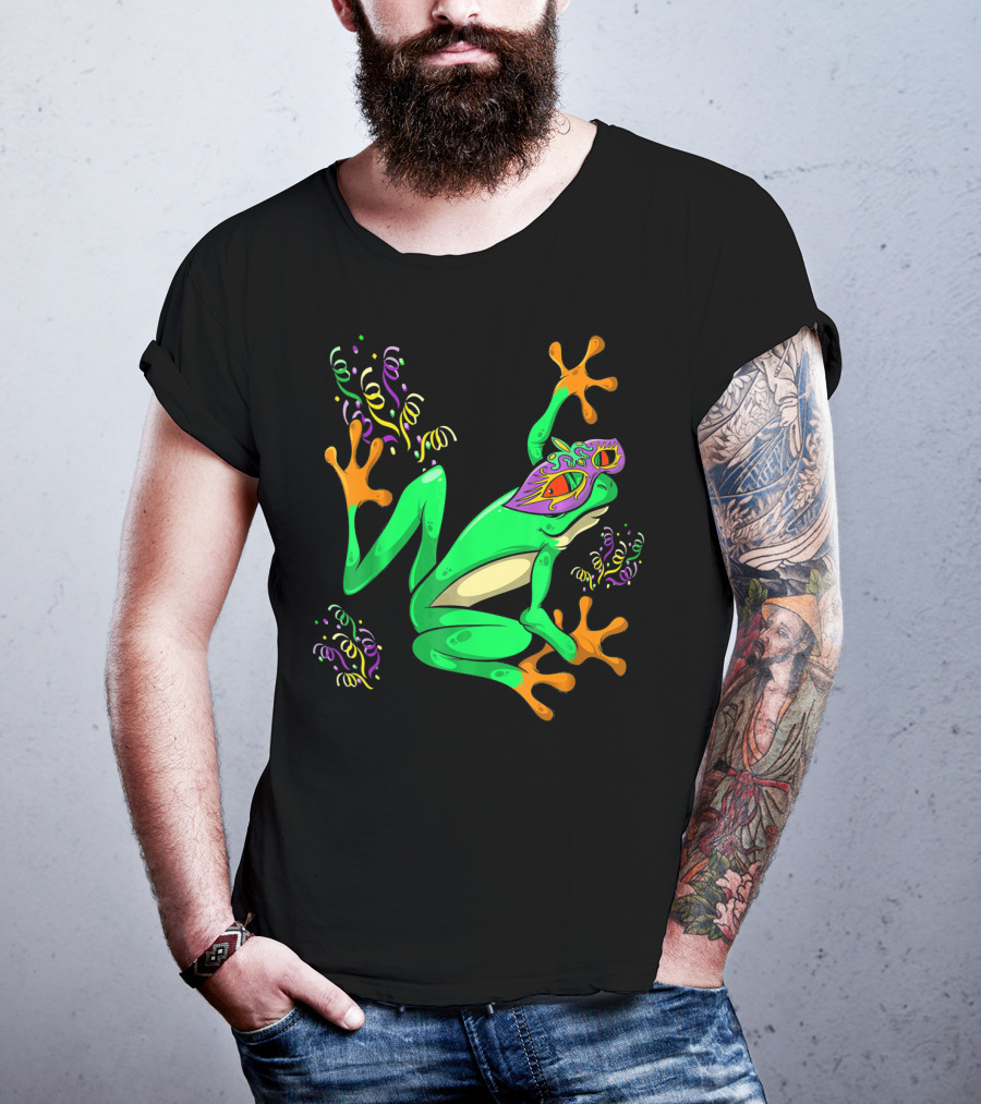 Frog In Mardi Gras Mask With Party Streamers T-Shirt