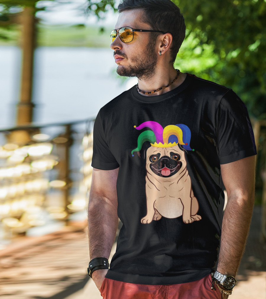 Pug Dog Wearing Colorful Jester Hat For Mardi Gras T-Shirt