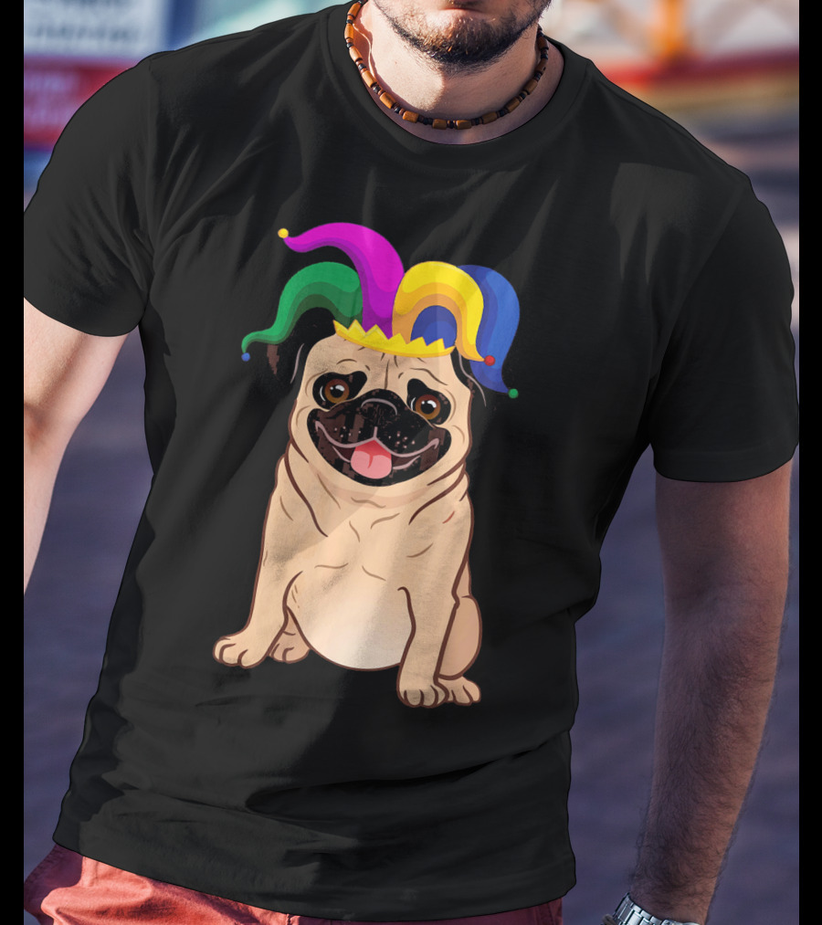 Pug Dog Wearing Colorful Jester Hat For Mardi Gras T-Shirt