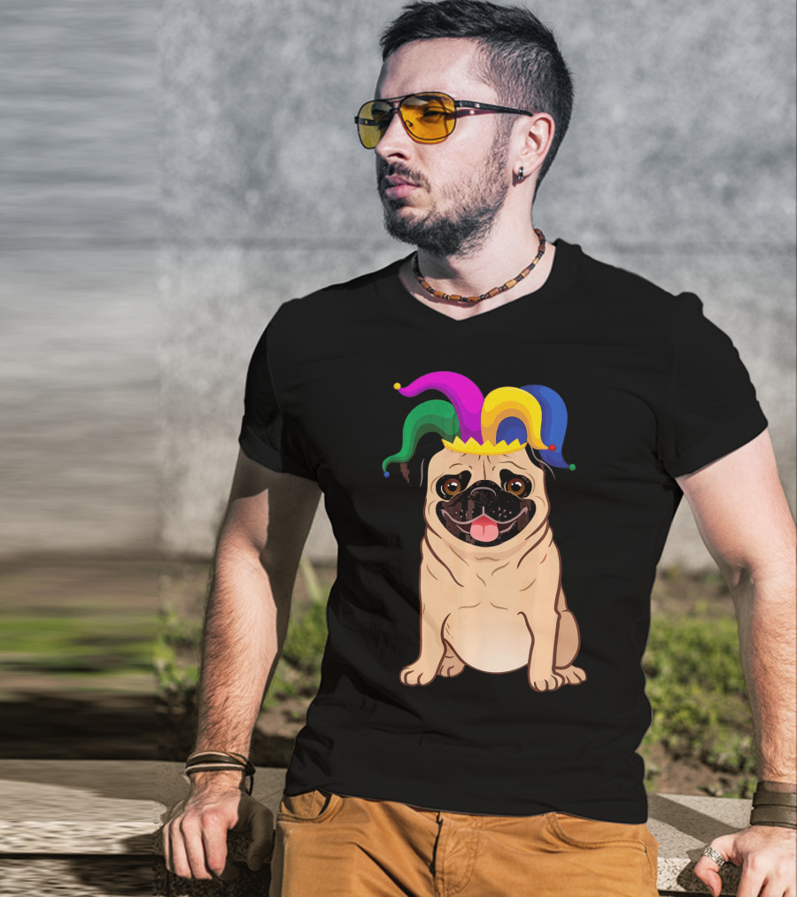 Pug Dog Wearing Colorful Jester Hat For Mardi Gras T-Shirt