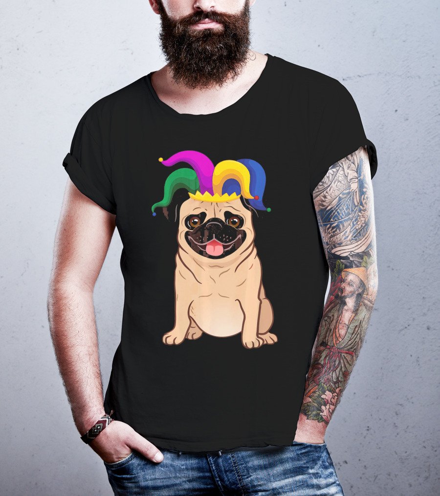 Pug Dog Wearing Colorful Jester Hat For Mardi Gras T-Shirt