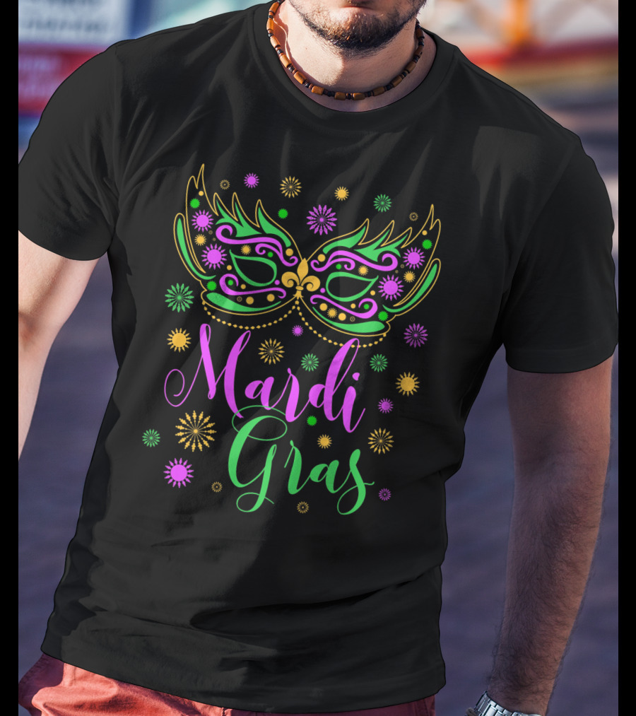 Mardi Gras Feathered Mask Colorful Celebration Text T-Shirt