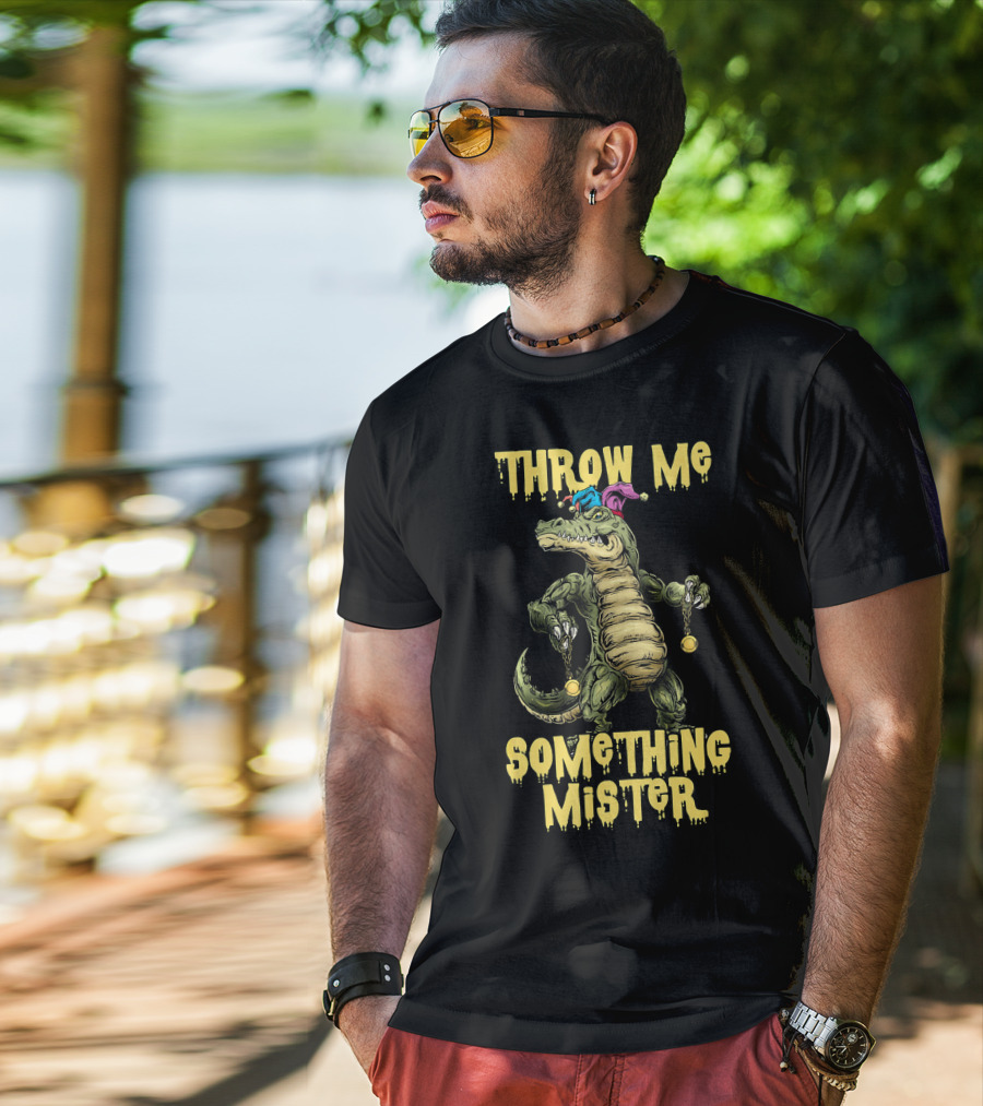 Throw Me Something Mister Mardi Gras Alligator With Beads And Jester Hat T-Shirt