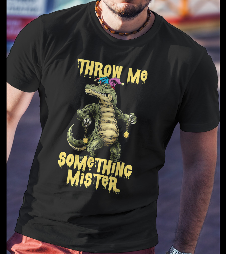 Throw Me Something Mister Mardi Gras Alligator With Beads And Jester Hat T-Shirt
