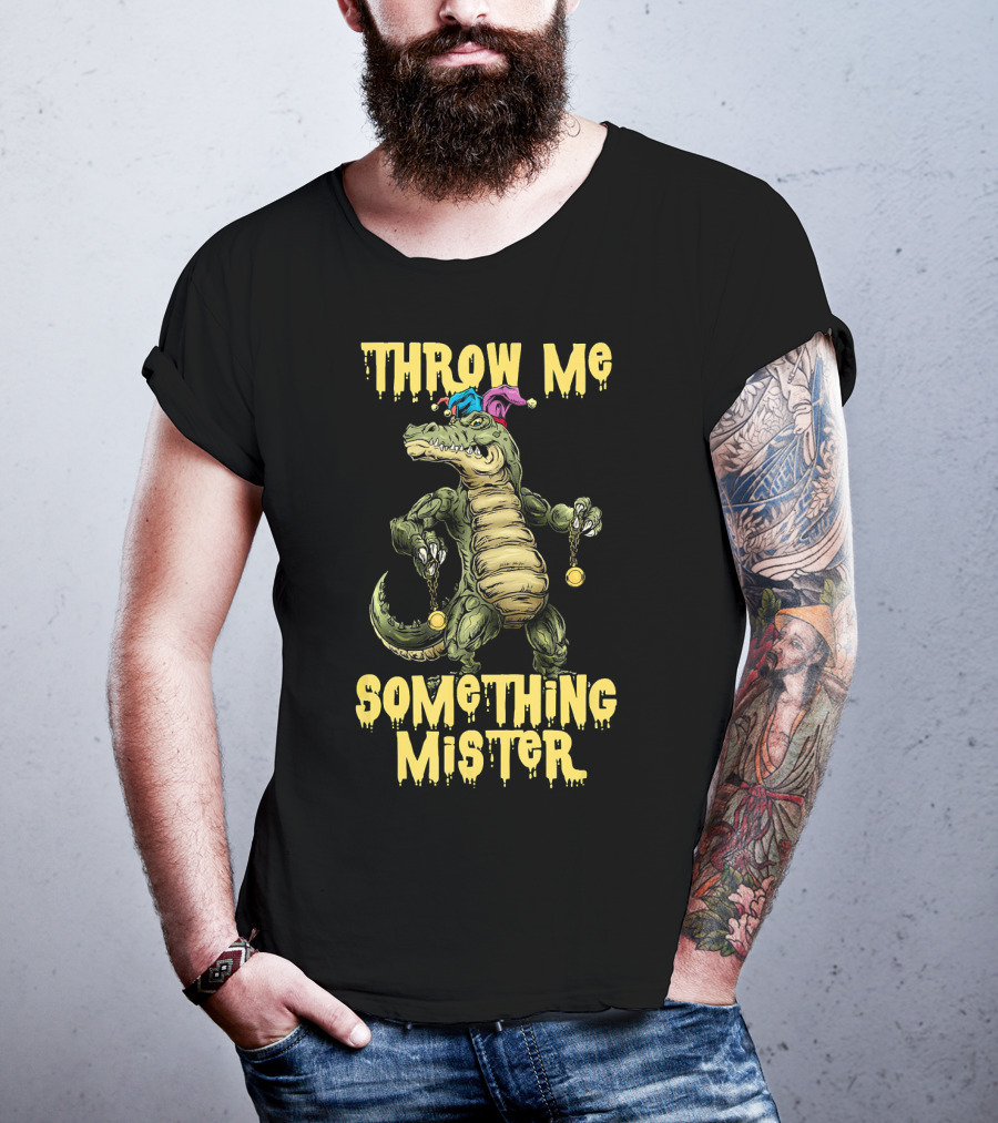 Throw Me Something Mister Mardi Gras Alligator With Beads And Jester Hat T-Shirt