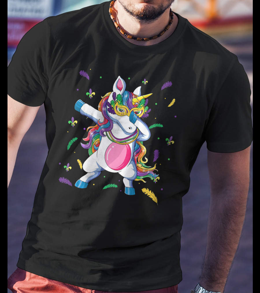 Dabbing Unicorn Mardi Gras Mask Colorful Beads Feathers Fleur-de-lis T-Shirt