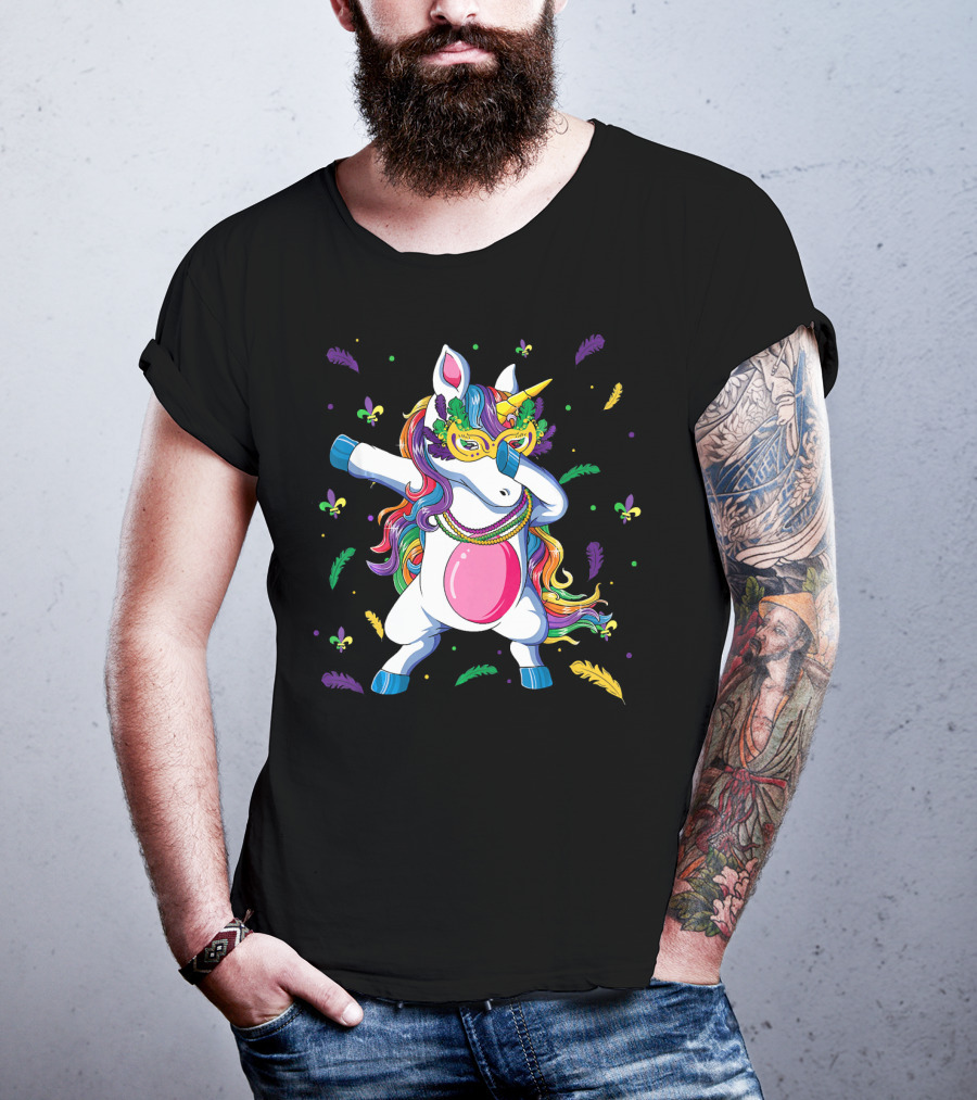 Dabbing Unicorn Mardi Gras Mask Colorful Beads Feathers Fleur-de-lis T-Shirt