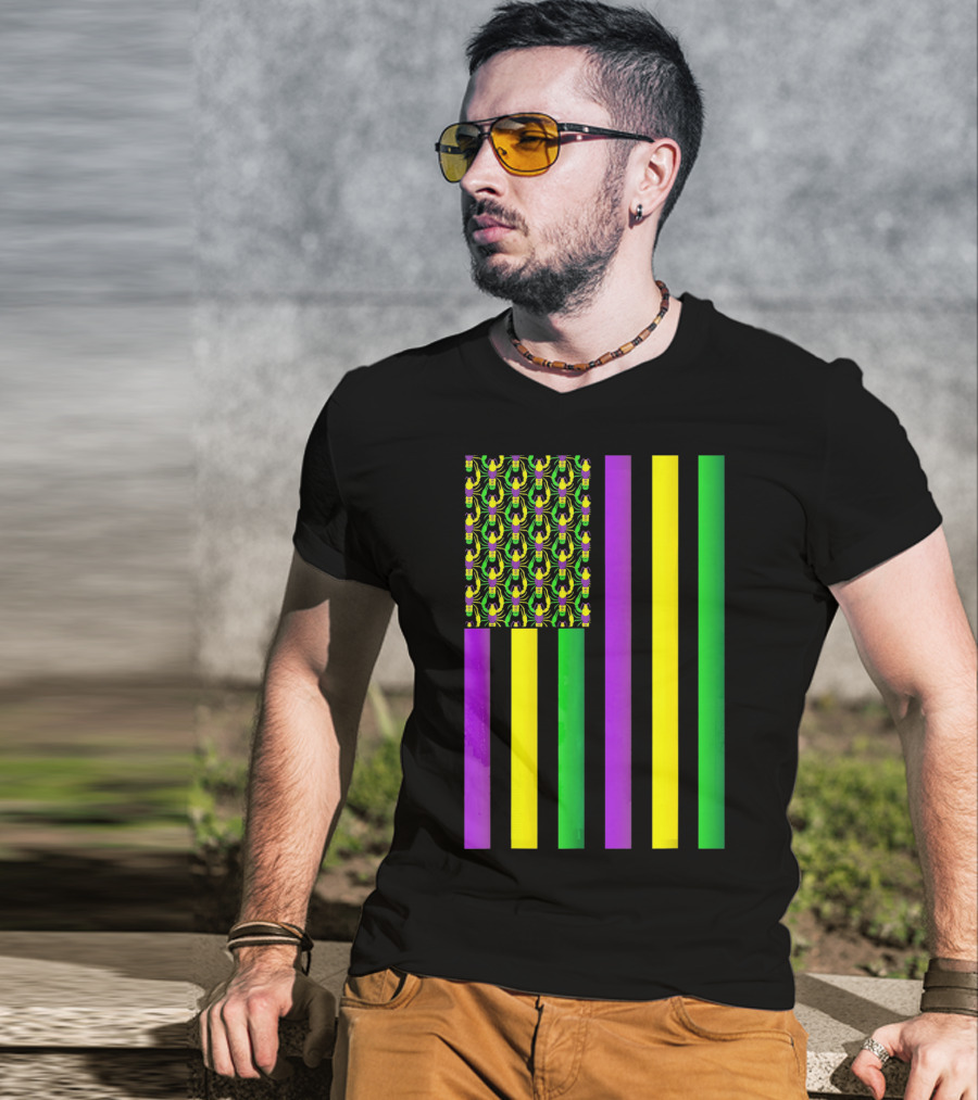 Usa Flag Mardi Gras Crawfish Purple Yellow Green Stripes T-Shirt