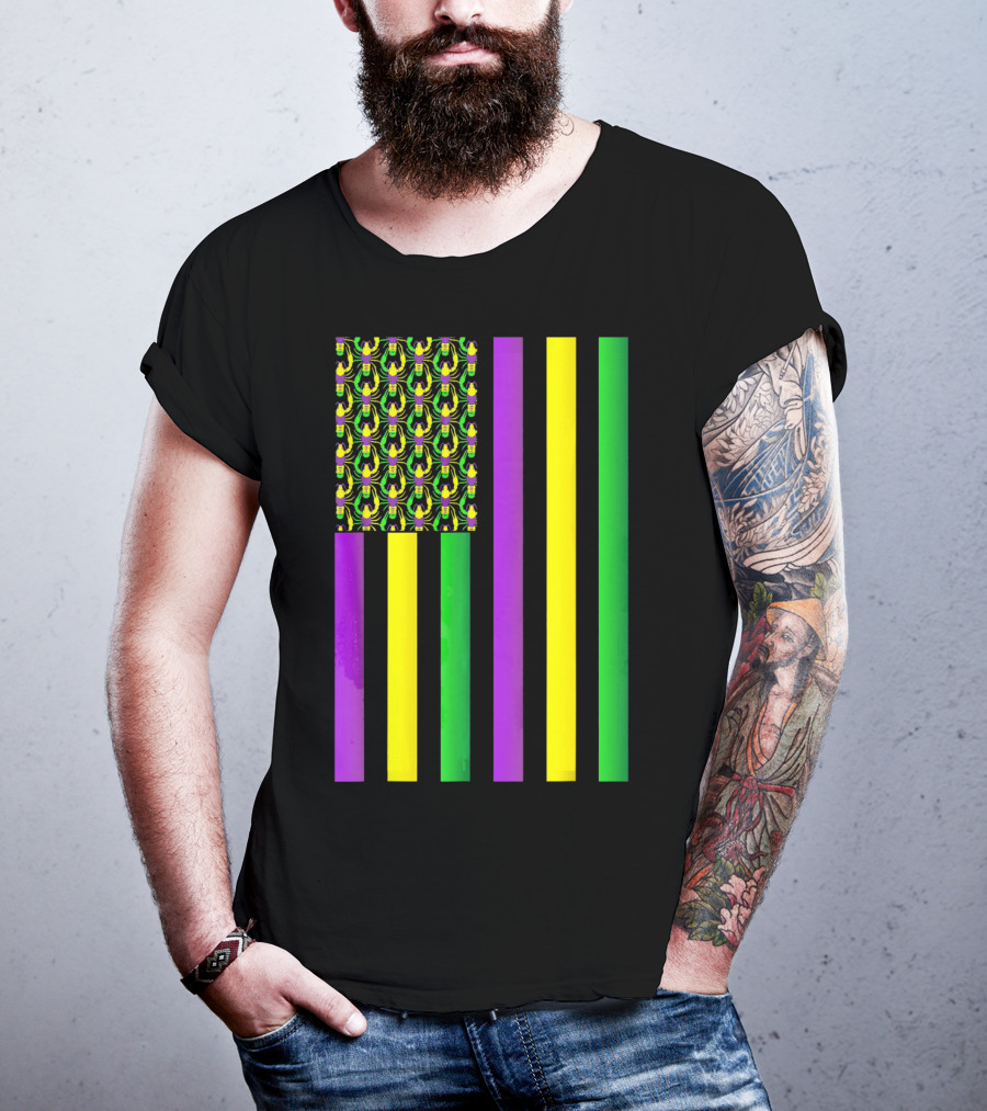 Usa Flag Mardi Gras Crawfish Purple Yellow Green Stripes T-Shirt