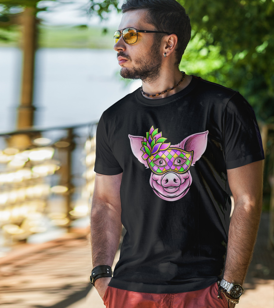 Piglet With Colorful Carnival Mask Happy Festival Face T-Shirt