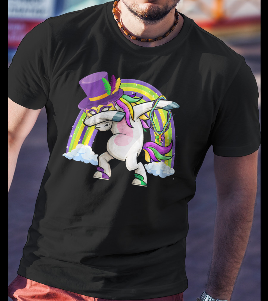 Mardi Gras Dabbing Unicorn Masked With Beads And Hat T-Shirt