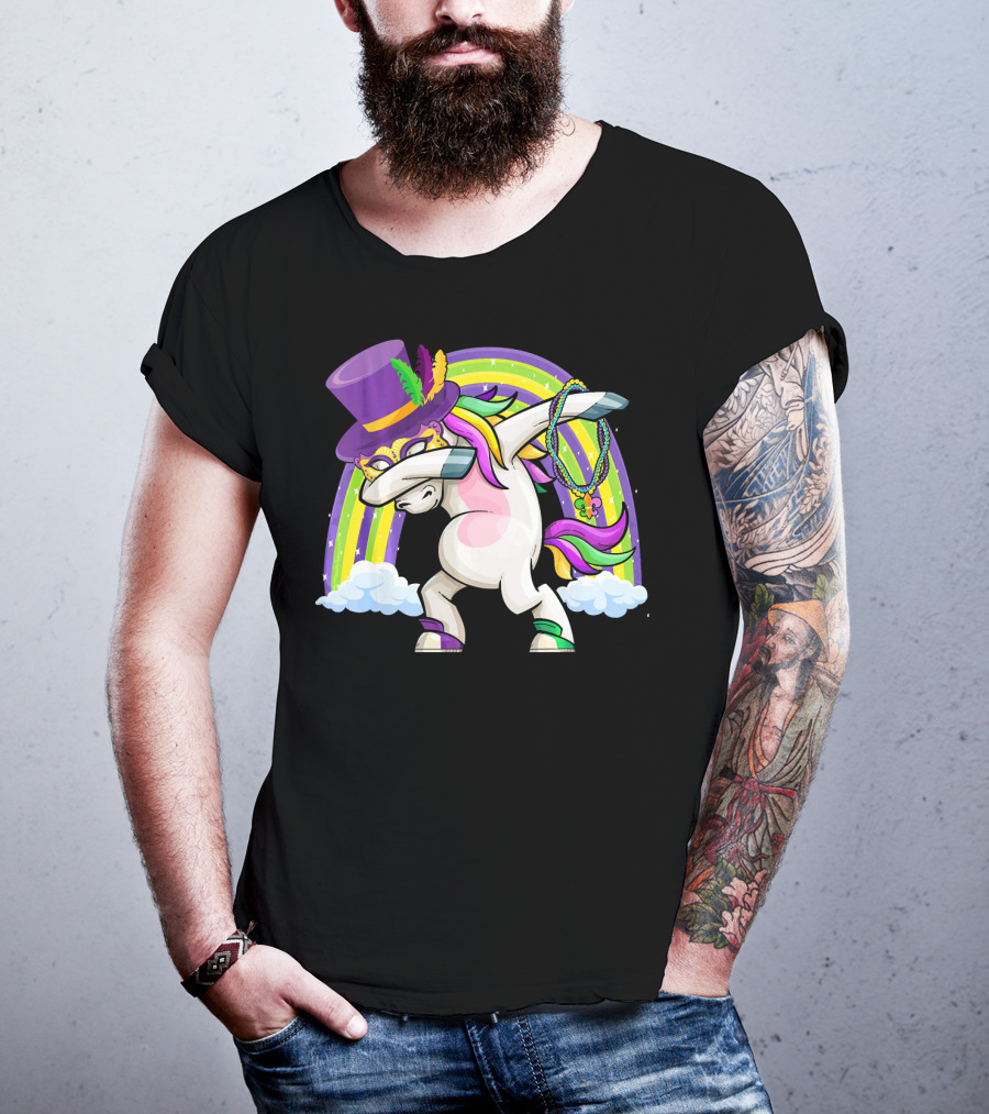 Mardi Gras Dabbing Unicorn Masked With Beads And Hat T-Shirt