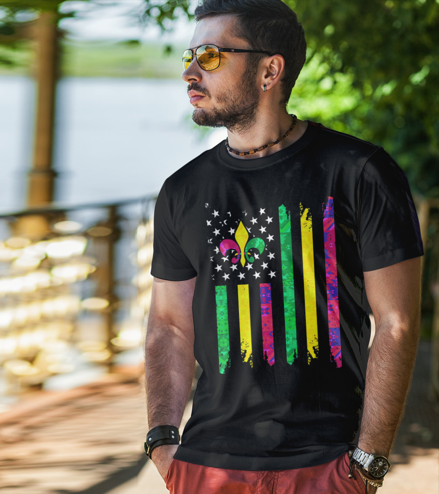 Mardi Gras Colors Fleur De Lis American Flag T-Shirt