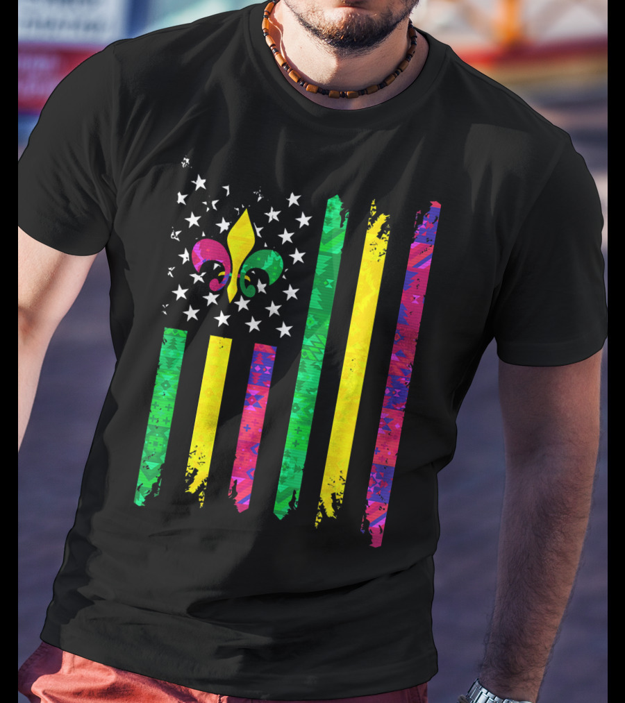 Mardi Gras Colors Fleur De Lis American Flag T-Shirt