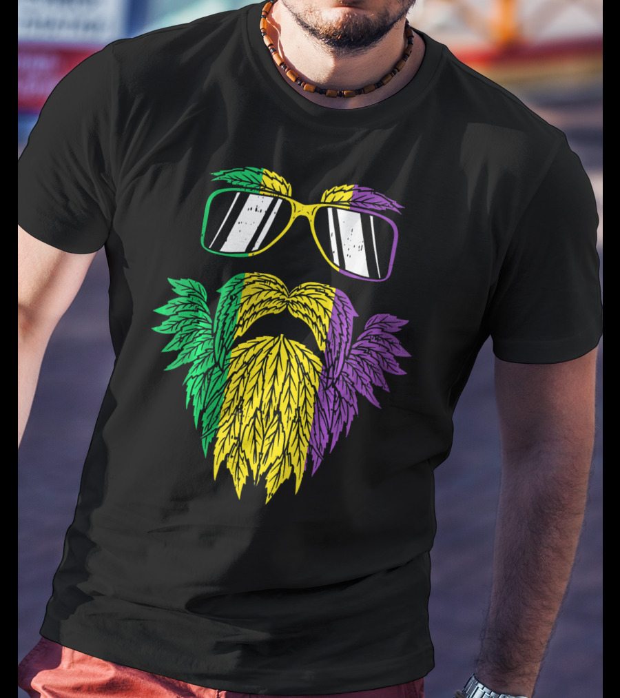 Purple Green Yellow Beard Sunglasses Mardi Gras Hipster T-Shirt