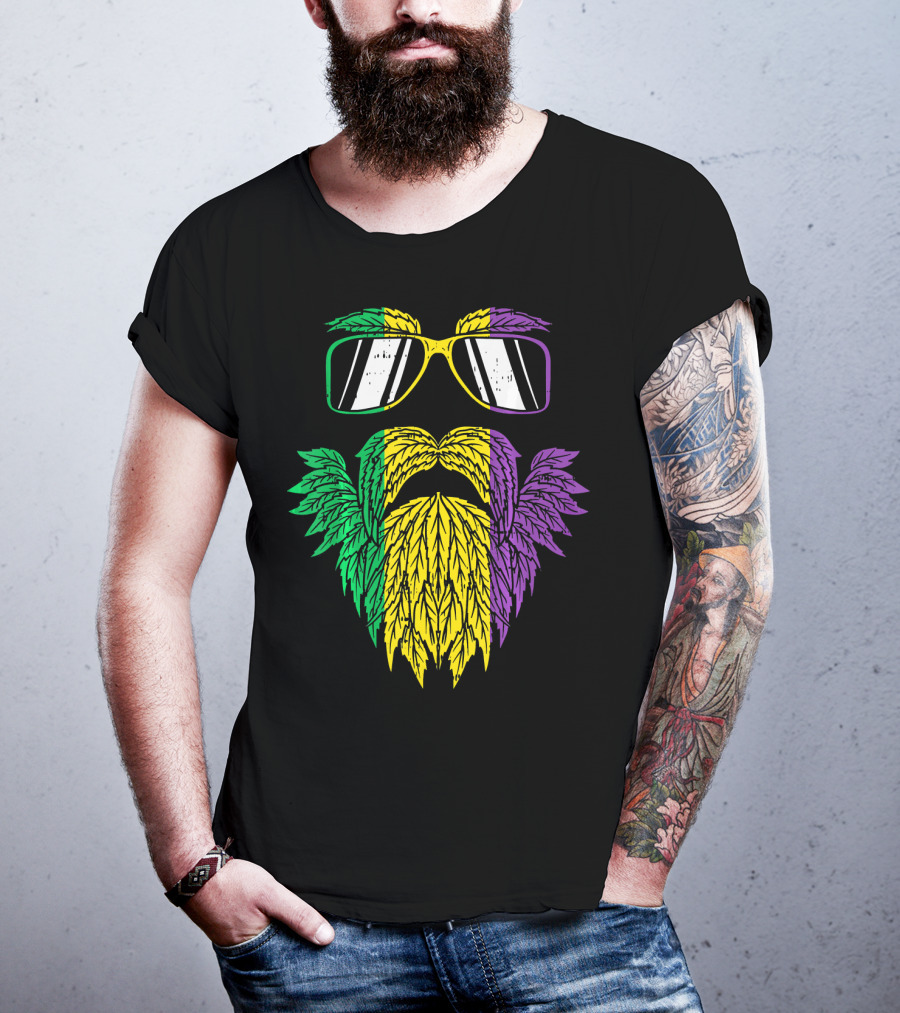 Purple Green Yellow Beard Sunglasses Mardi Gras Hipster T-Shirt