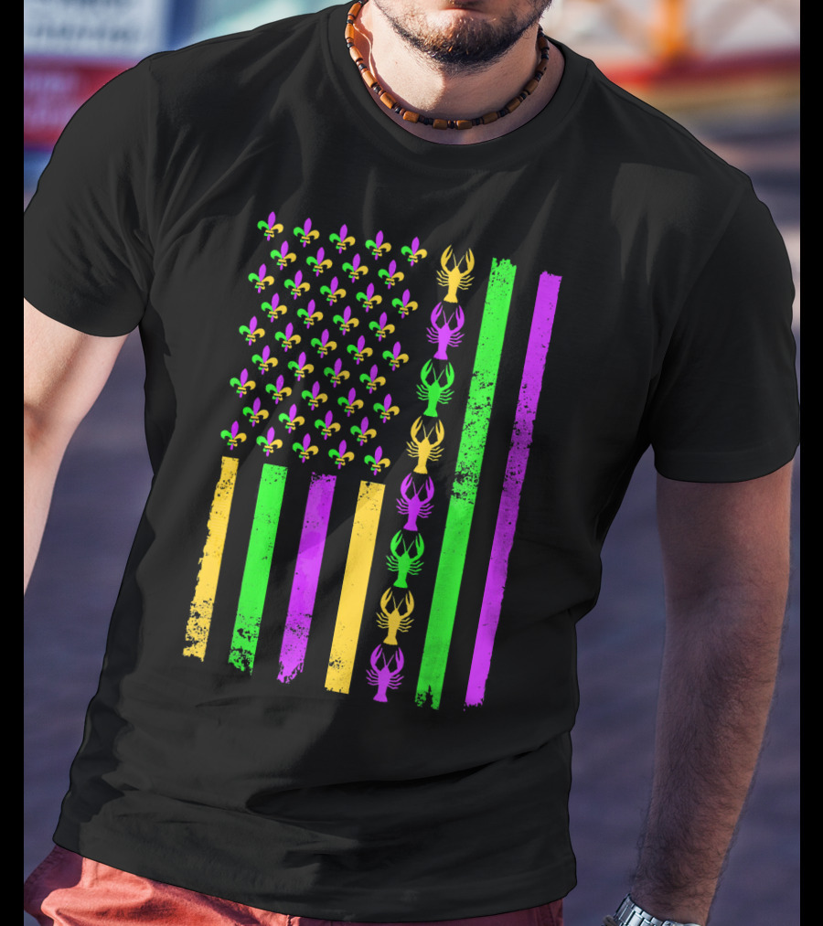 American Flag Fleur De Lis Crawfish Mardi Gras Colors T-Shirt