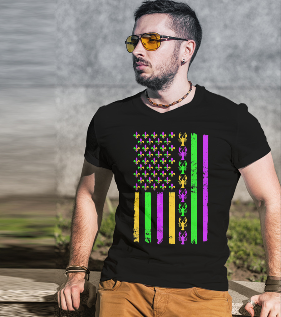 American Flag Fleur De Lis Crawfish Mardi Gras Colors T-Shirt