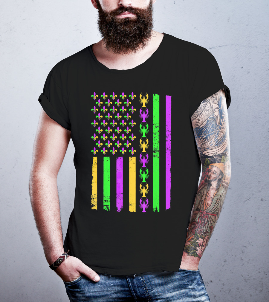 American Flag Fleur De Lis Crawfish Mardi Gras Colors T-Shirt
